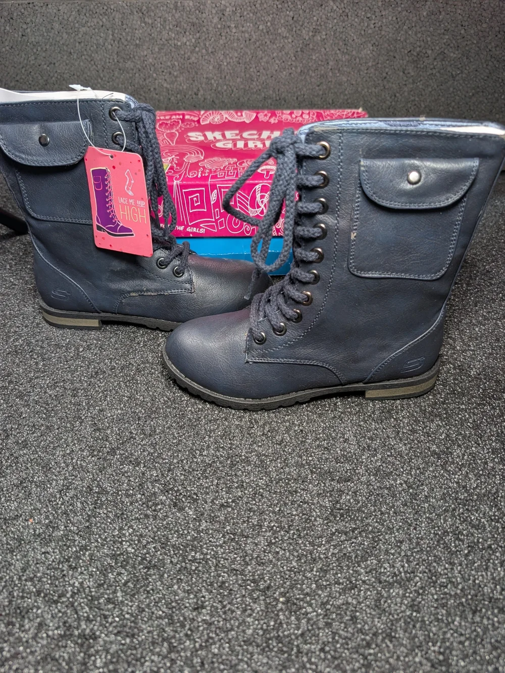 Skechers Girls Navy Lace-Up Combat Boots